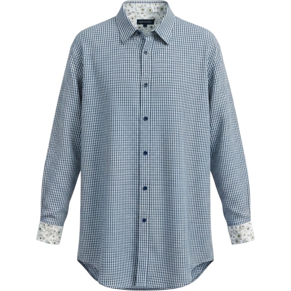 Bogosse Shirt Men 2XLT Blue Gingham Paisley Trim Tall Fit Modern Designer Button